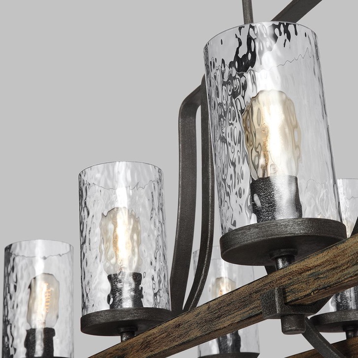 Quintiesse Angelo 8 Light Linear Chandelier In Distressed Weathered Oak And Slate Metal Grey Complete With Cylindrical Clear Wavy Glasses - QN-ANGELOISLE8