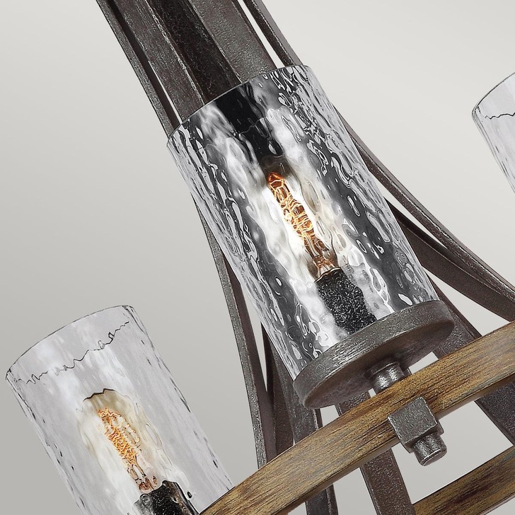 Quintiesse Angelo 9 Light Two-Tier Chandelier In Distressed Weathered Oak And Slate Metal Grey Complete With Cylindrical Clear Wavy Glasses - QN-ANGELO9