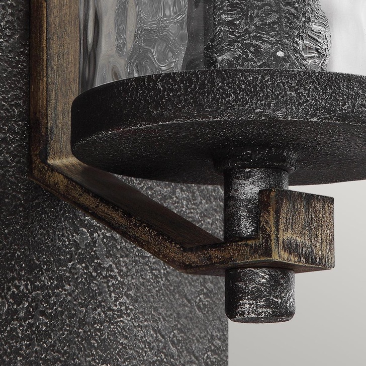 Quintiesse Angelo Single Wall Light Chandelier In Distressed Weathered Oak And Slate Metal Grey Complete With Cylindrical Clear Wavy Glass - QN-ANGELO1