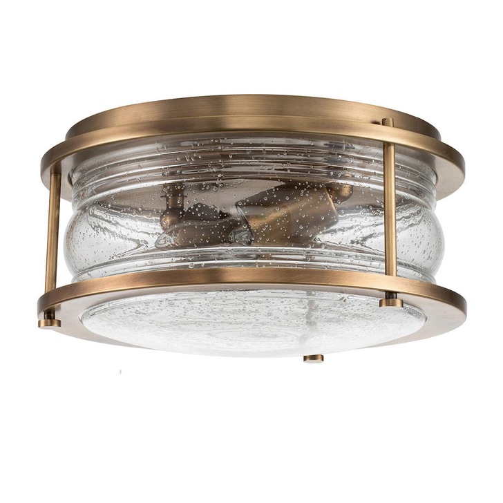 Quintiesse Ashland Bay 2 Light Flush Bathroom Ceiling Light In Natural Brass Finish Complete With Clear Seeded Glass - IP44 - QN-ASHLANDBAY-F-NBR-BATH