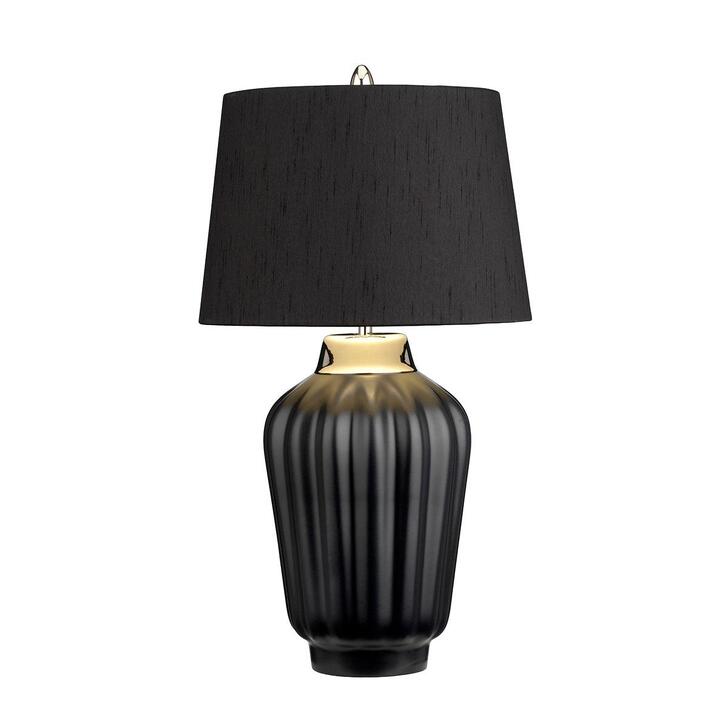 Quintiesse Bexley 1 Light Satin Black Ceramic Table Lamp Complete With Polished Nickel Metalwork and Black Faux SIlk Shade With Silver Inner - QN-BEXLEY-TL-BKPN