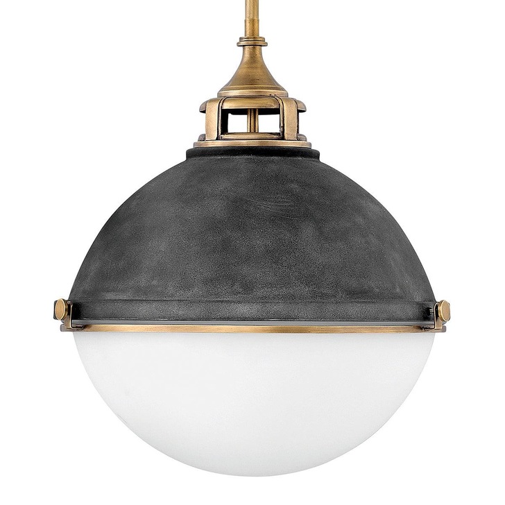 Quintiesse Fletcher 3 Light Pendant In Aged Zinc And Heritage Brass Finishes Complete WIth Etched Opal Glass - QN-FLETCHER-P-L-AZ