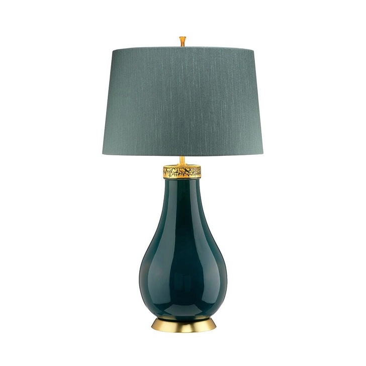 Quintiesse Havering Turquoise Ceramic Table Lamp With Crackle Glaze Gold Top And Aged Brass Plinth Complete WIth Shale Green Faux Silk Tapered Shade With Gold Laminate Inner - QN-HAVERING-TL