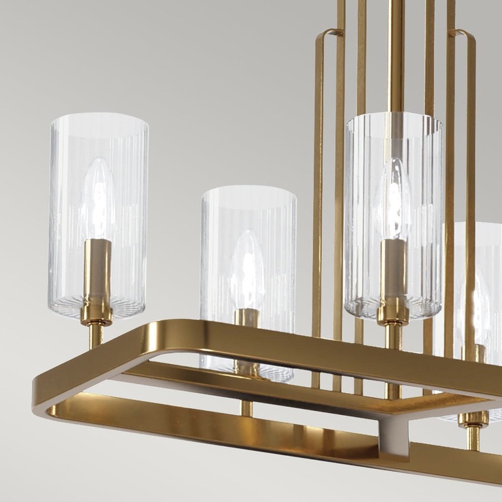 Quintiesse Kimrose 10 Light Linear Chandelier In Brushed Natural Brass Complete With Gently Ribbed Clear Glass Shades - QN-KIMROSE10-BNB