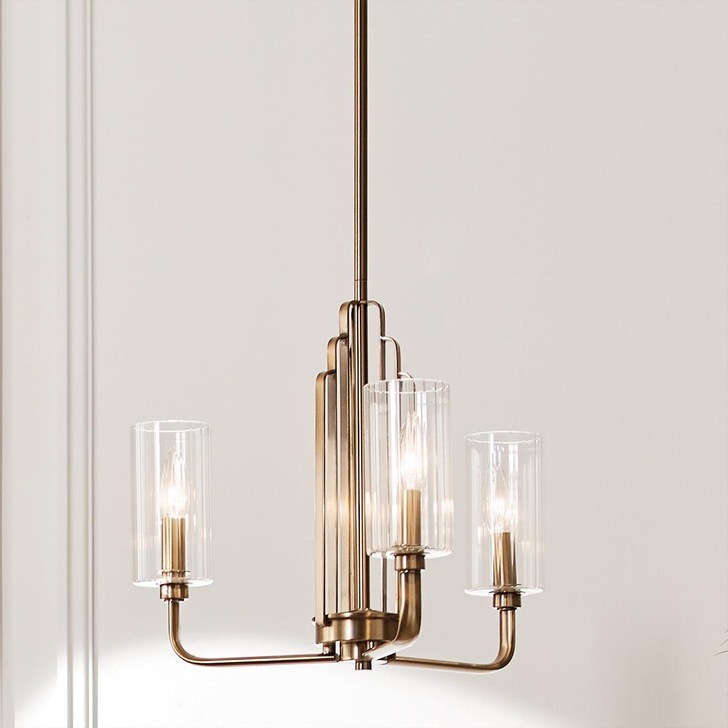 Quintiesse Kimrose 3 Light Chandelier In Brushed Natural Brass Complete With Gently Ribbed Clear Glass Shades - QN-KIMROSE3-BNB