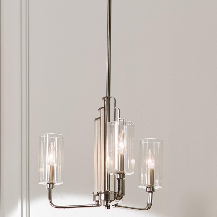 Quintiesse Kimrose 3 Light Chandelier In Polished Nickel Complete With Gently Ribbed Clear Glass Shades - QN-KIMROSE3-PN