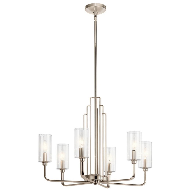 Quintiesse Kimrose 6 Light Chandelier In Polished Nickel Complete With Gently Ribbed Clear Glass Shades - QN-KIMROSE6-PN