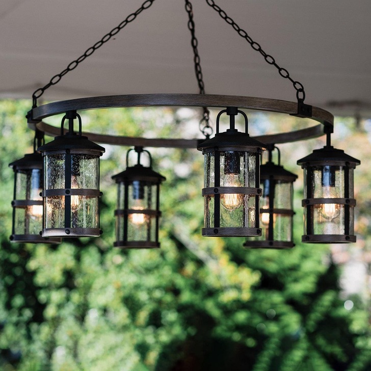 Quintiesse Lakehouse 6 Light Outdoor Chandelier Lantern In Aged Zinc And Driftwood Grey Finishes Complete With Clear Seeded Glasses - IP44 - QN-LAKEHOUSE6-P-DZ