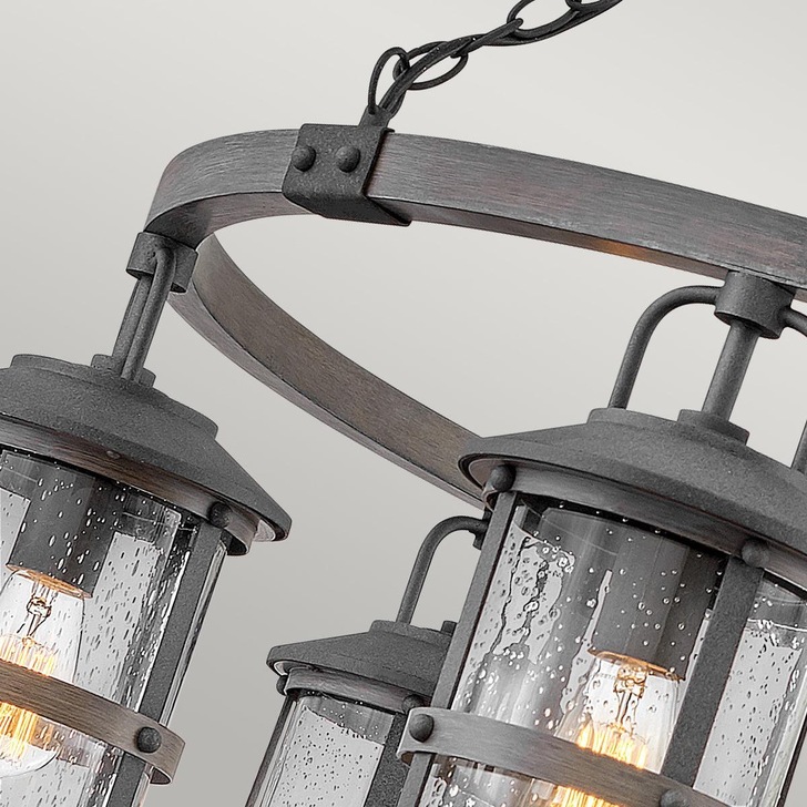 Quintiesse Lakehouse 6 Light Outdoor Chandelier Lantern In Aged Zinc And Driftwood Grey Finishes Complete With Clear Seeded Glasses - IP44 - QN-LAKEHOUSE6-P-DZ