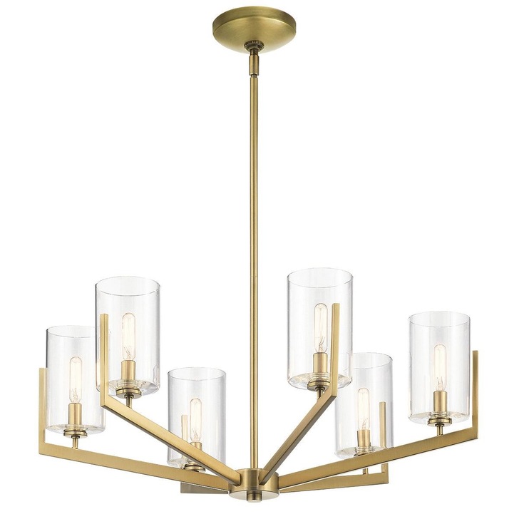 Quintiesse Nye 6 Light Chandelier in Brushed Natural Brass Complete With Clear Glasses - QN-NYE6-BNB