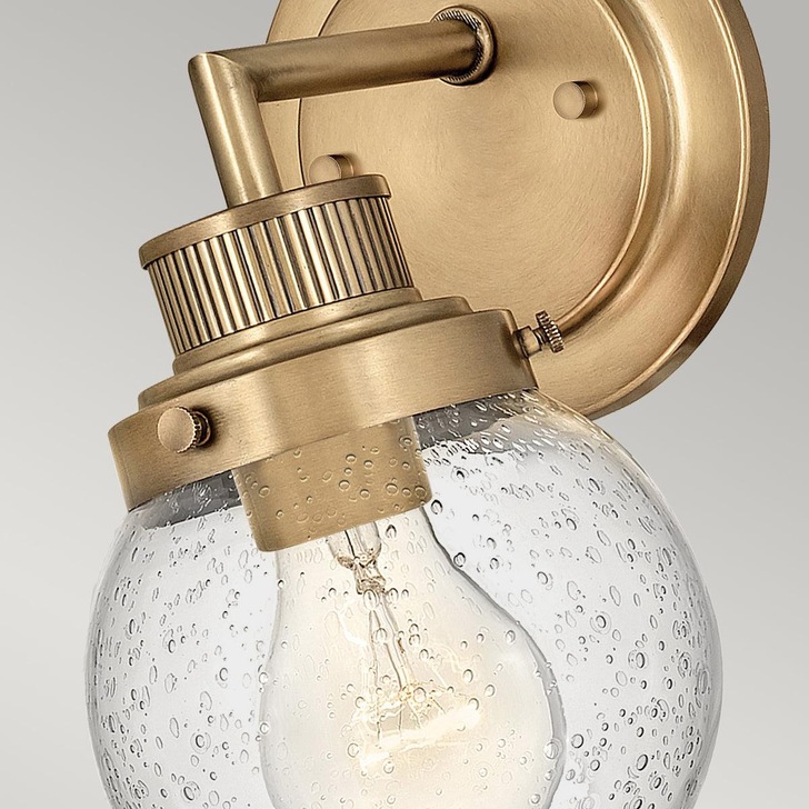 Quintiesse Poppy 1 Light Heritage Brass Finish Bathroom Wall Light Complete With Clear Round Seeded Glass - IP44 - QN-POPPY1-HB-BATH