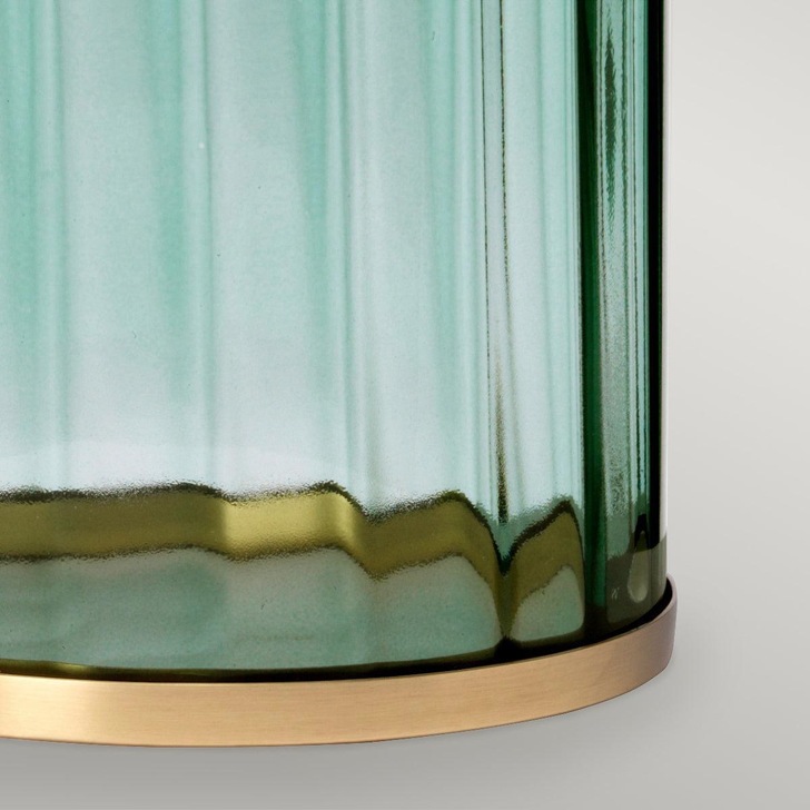 Quintiesse Reno Green Glass Table Lamp Complete With Aged Brass Metalwork And Cream Faux Silk Shade With Gold Metallic Inner - QN-RENO-GREEN-AB