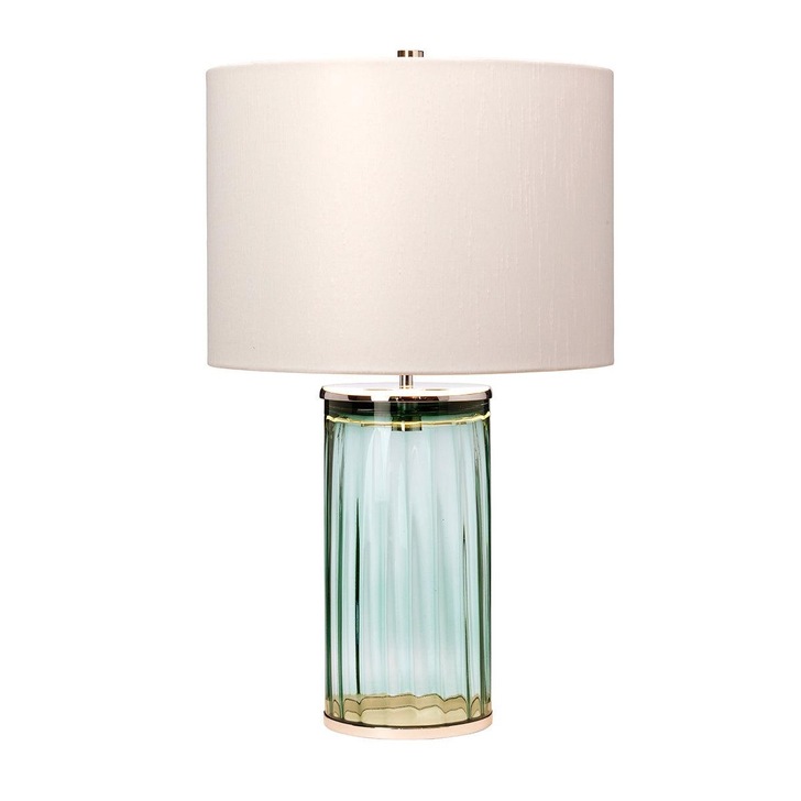 Quintiesse Reno Green Glass Table Lamp Complete With Polished Nickel Metalwork And Origami Cream Faux Silk Shade With Silver Metallic Inner - QN-RENO-GREEN-PN