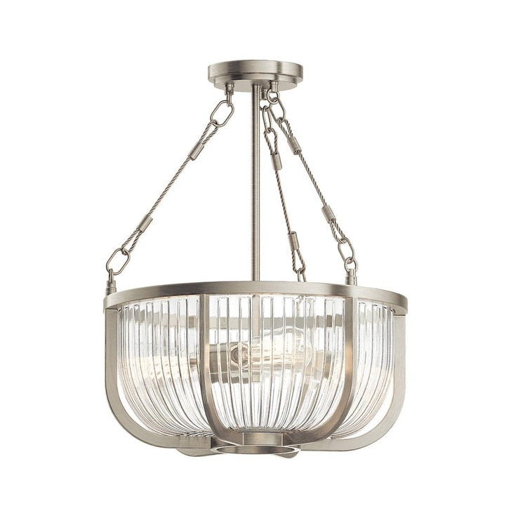 Quintiesse Roux 3 Light Pendant/Semi-Flush In Brushed Nickel Complete With Clear Ribbed Glass - QN-ROUX3-BN