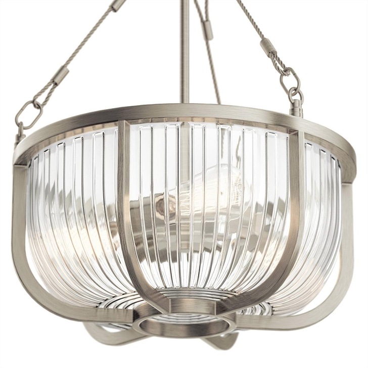 Quintiesse Roux 3 Light Pendant/Semi-Flush In Brushed Nickel Complete With Clear Ribbed Glass - QN-ROUX3-BN