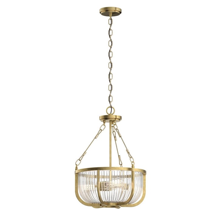 Quintiesse Roux 3 Light Pendant/Semi-Flush In Natural Brass Finish Complete With Clear Ribbed Glass - QN-ROUX3-NBR