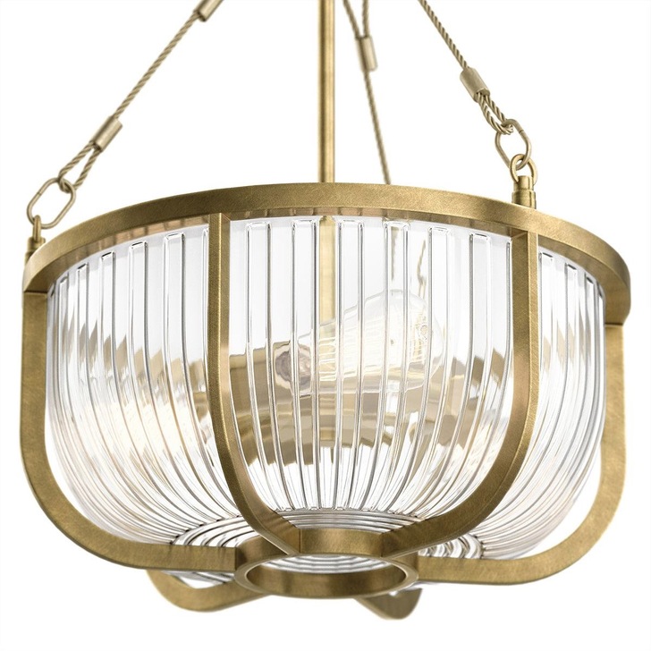 Quintiesse Roux 3 Light Pendant/Semi-Flush In Natural Brass Finish Complete With Clear Ribbed Glass - QN-ROUX3-NBR