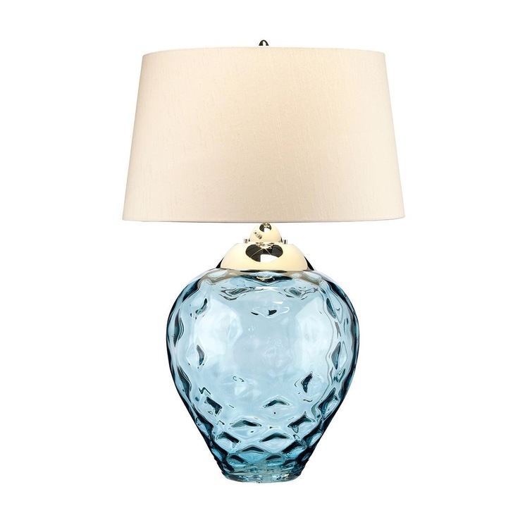 Quintiesse Samara Large Light Blue Glass Dual Lit Table Lamp Complete WIth Scallop Faux Taupe Silk Shade - QN-SAMARA-TL-LRG-BLU