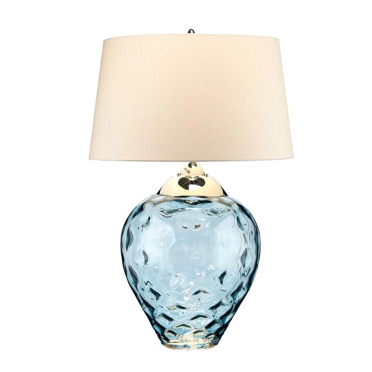 Quintiesse Samara Large Light Blue Glass Dual Lit Table Lamp Complete WIth Scallop Faux Taupe Silk Shade - QN-SAMARA-TL-LRG-BLU