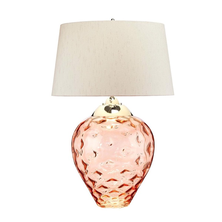 Quintiesse Samara Large Light Salmon Glass Dual Lit Table Lamp Complete WIth Scallop Faux Taupe Silk Shade - QN-SAMARA-TL-LRG-SLM