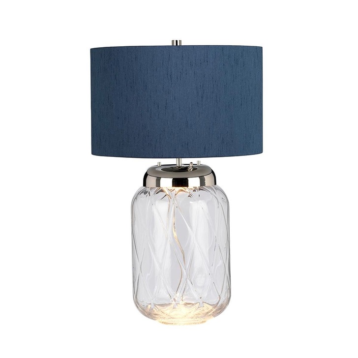 Quintiesse Sola 2lt Clear Glass Dual Lit Table Lamp Complete With Breton Blue Faux Silk Shade - QN-SOLA-TL-BLU