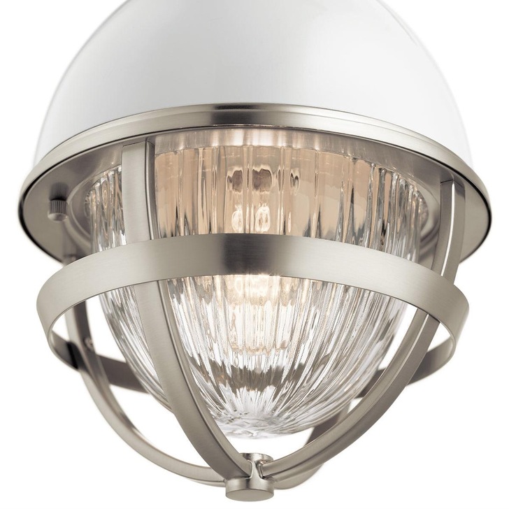 Quintiesse Tollis 1 Light Mini Pendant In Brushed Nickel And White Complete With Clear Ribbed Glass - QN-TOLLIS-MP-BN