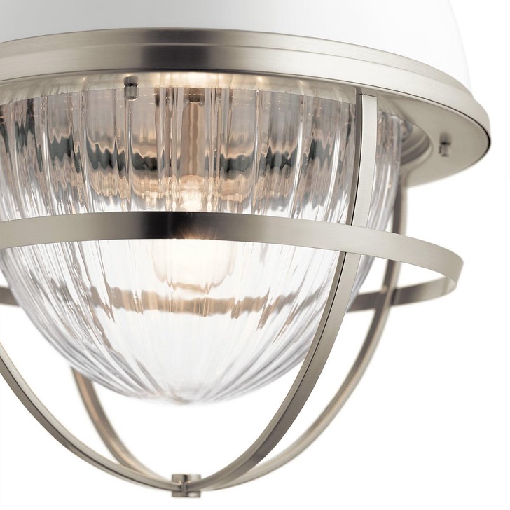 Quintiesse Tollis 1 Light Pendant In Brushed Nickel And White Complete With Clear Ribbed Glass - QN-TOLLIS-P-BN