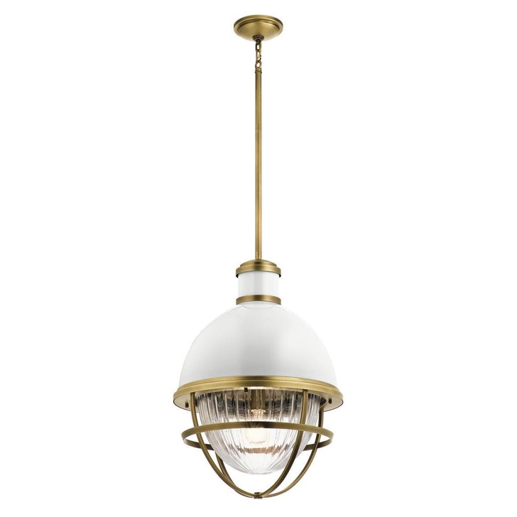 Quintiesse Tollis 1 Light Pendant In Natural Brass And White Complete With Clear Ribbed Glass - QN-TOLLIS-P-NBR