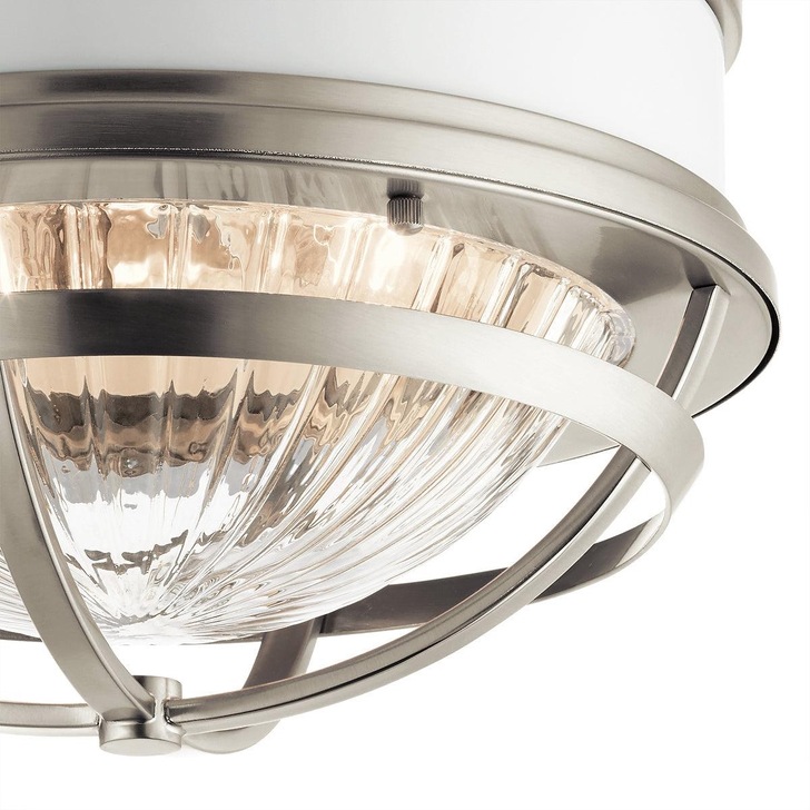 Quintiesse Tollis 2 Light Flush Mount In Brushed Nickel And White Complete With Clear Ribbed Glass - QN-TOLLIS-F-BN