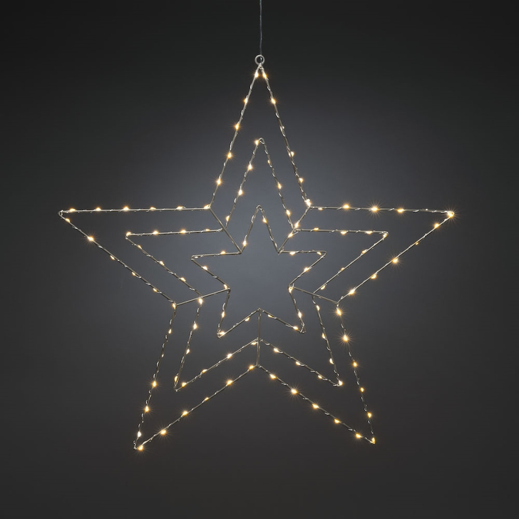 Silver Metal Hanging Star Decoration With Amber LEDs