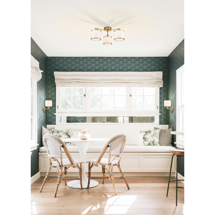 FRANKLITE SIRIUS AGED BRASS FLUSH 3 LIGHT CEILING LIGHT COMPLETE WITH OFF-WHITE TEXTURED FABRIC SHADES AND AGED BRASS TRIMS