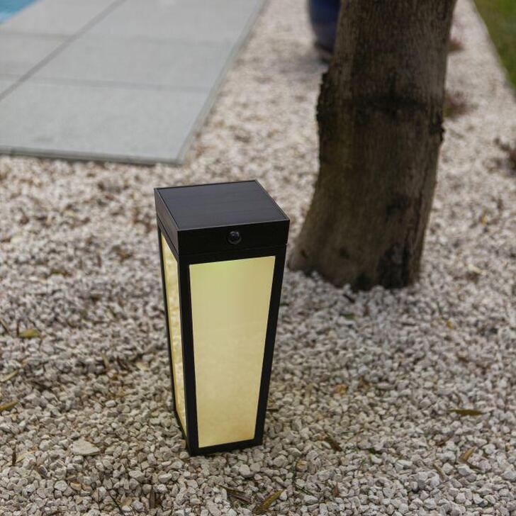 Solar Powered Pedestal Lamp In Black With Pir Motion Sensor & Spike - 2700K-6500K + RGB, IP44