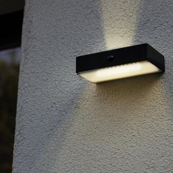 Solar Powered Slim Black Led Exterior Wall Light With Pir Motion Sensor - 2700K-6500K, IP54