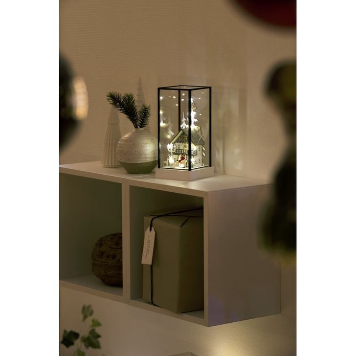 Square Glass Christmas Lantern Set With Warm White LED Lights - Battery Powered/USB