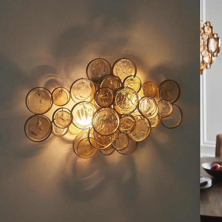 Thorlight Amos Antique Gold Finish 2 Light Wall Light Complete With Clear & Amber Glass Medallions