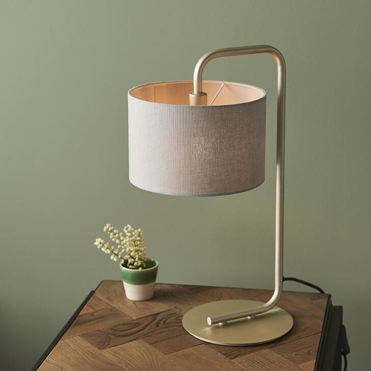 Thorlight Aris Satin Champagne Finish Table Lamp Complete With Slate Grey Fabric Shade