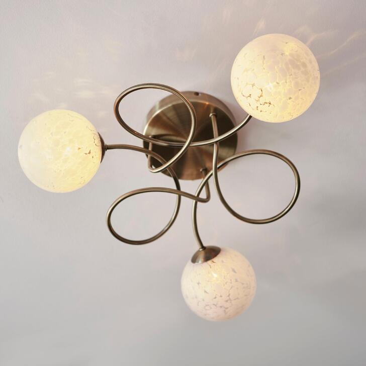 Thorlight Boden 3 Light Flush Ceiling Light Antique Brass With White Confetti Glass Shades