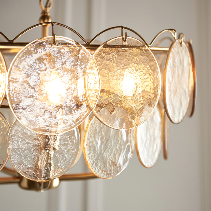 Thorlight Buxton Brushed Aged Brass 5 Light Pendant Light Complete With Handmade Champagne Glass Discs