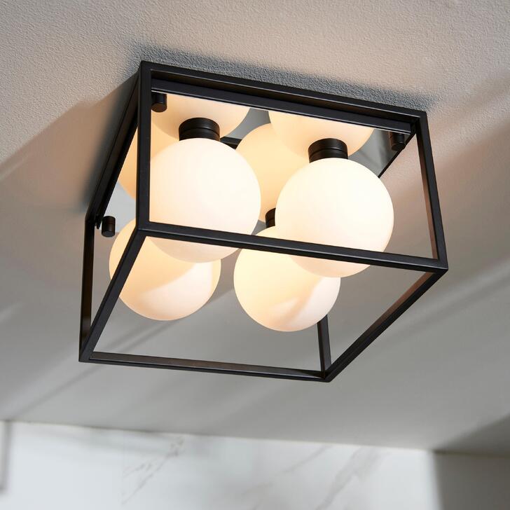 Thorlight Delphi 4 Light Square Flush Bathroom Ceiling Light In Matt Black With Opal Glass Globes - IP44