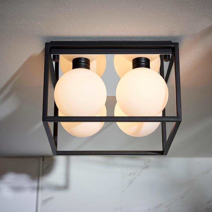 Thorlight Delphi 4 Light Square Flush Bathroom Ceiling Light In Matt Black With Opal Glass Globes - IP44