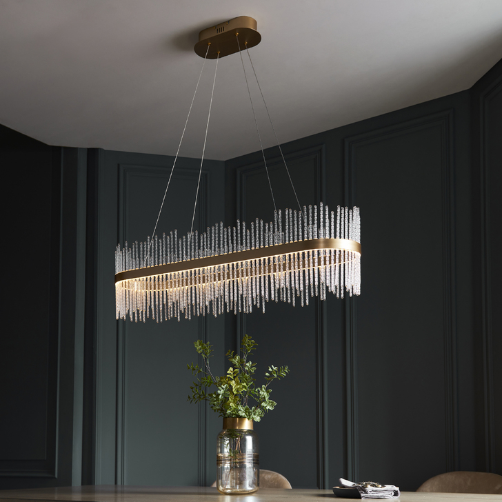 Thorlight Etta LED Linear Bar Pendant Brushed Gold With Clear Twisted Glass Rods