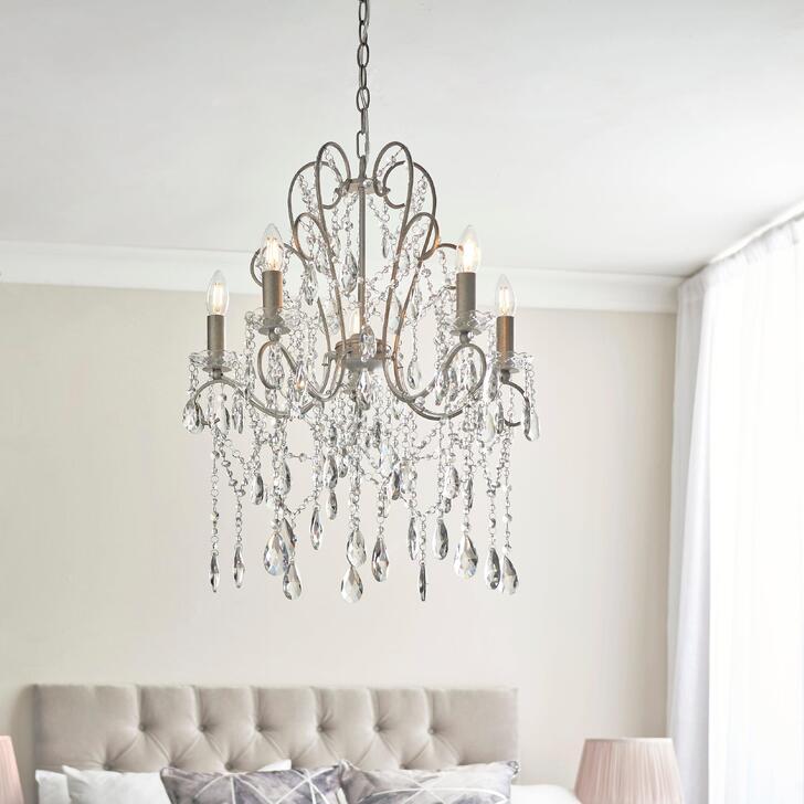 Thorlight Flora 5 Light Chandelier Aged Silver With Clear Faceted Cut Crystal Glass