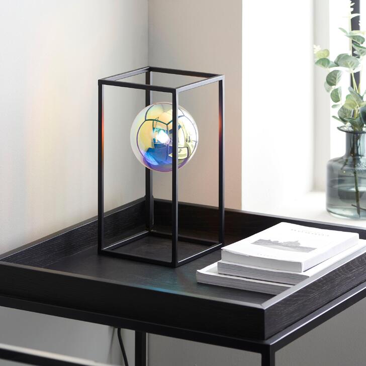 Thorlight Gemi Black Open Frame Table Lamp With Iridescent Glass Globe