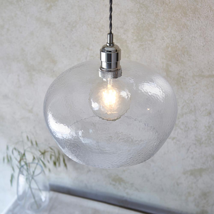 Thorlight Graydon Polished Nickel Round Single Pendant Light Complete With Clear Hammered Textured Glass