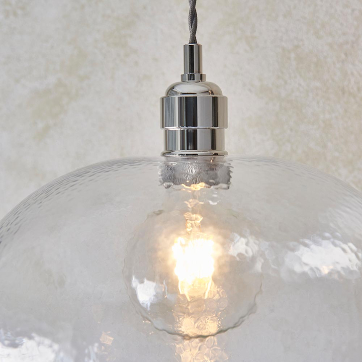 Thorlight Graydon Polished Nickel Round Single Pendant Light Complete With Clear Hammered Textured Glass