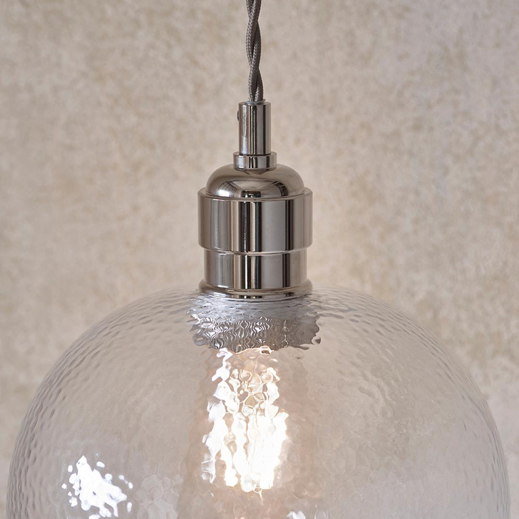 Thorlight Graydon Polished Nickel Slim Single Pendant Light Complete With Clear Hammered Textured Glass