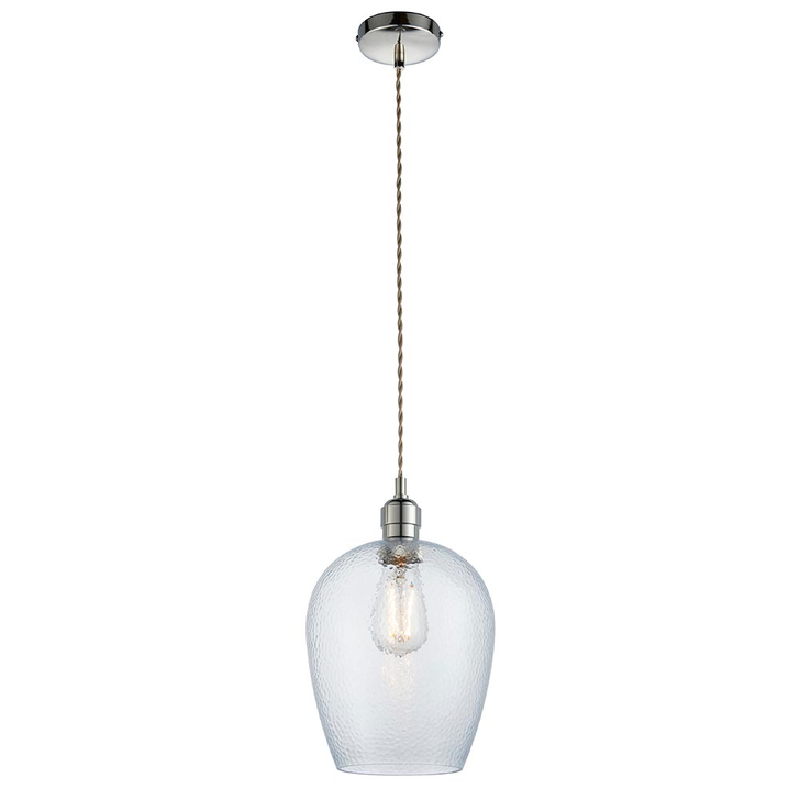 Thorlight Graydon Polished Nickel Slim Single Pendant Light Complete With Clear Hammered Textured Glass