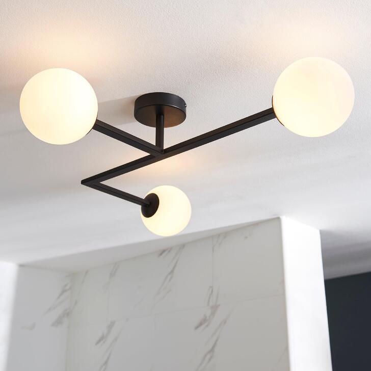 Thorlight Java 3 Light Flush Bathroom Ceiling Light In Matt Black With Opal Glass Globes - IP44