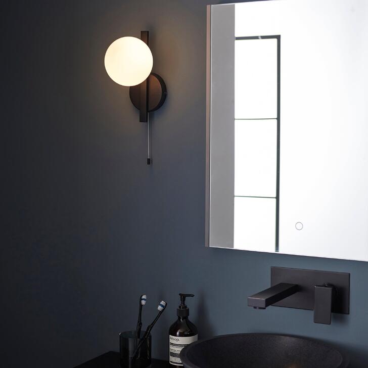 Thorlight Java Single Bathroom Wall Light In Matt Black With An Opal Glass Globe - IP44