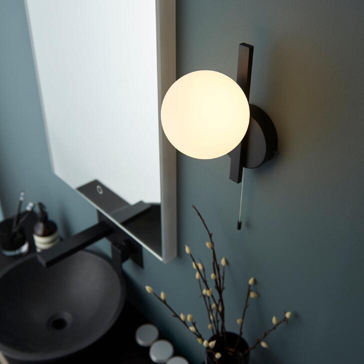 Thorlight Java Single Bathroom Wall Light In Matt Black With An Opal Glass Globe - IP44